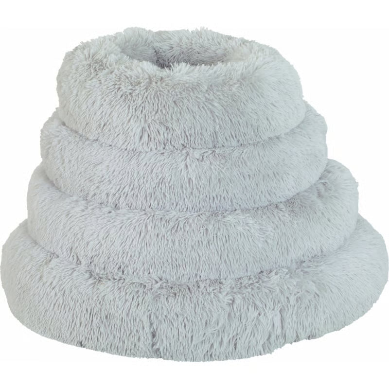 Coussins de la collection noé, de couleur gris à poils longs, 4 tailles empilés les uns sur les autres 