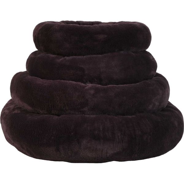 Coussin de la collection Noé, de couleur violet, à poils court, 4 tailles empilés les uns sur les autres 