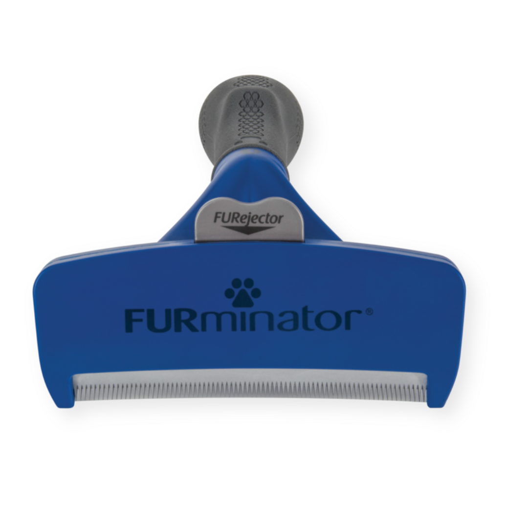 FURminator L pour chiens à poils longs, vue de face avec bouton FURejector et lame anti-mue visible