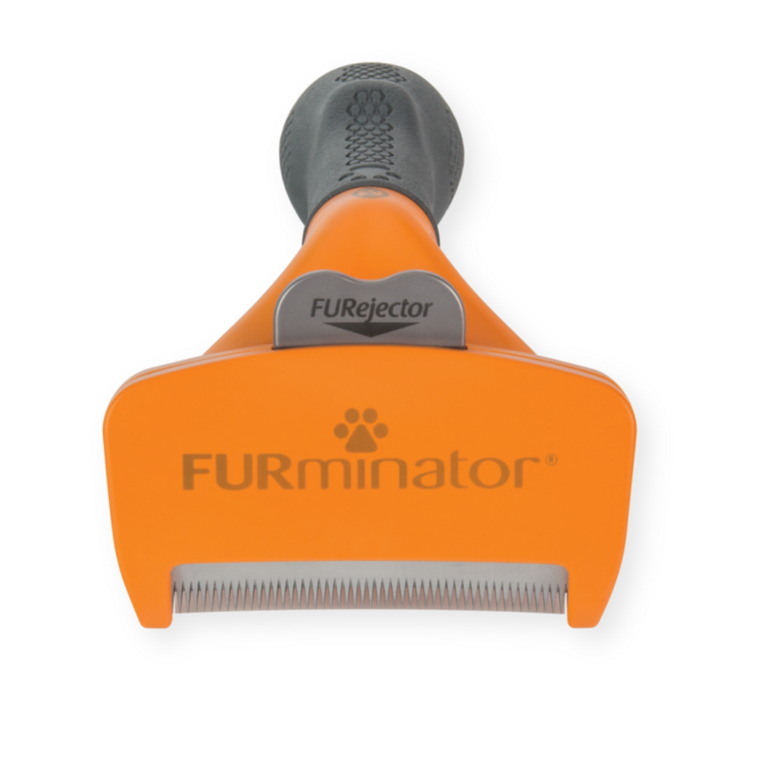 FURminator M pour chiens à poils longs, vue de face avec bouton FURejector et lame anti-mue visible