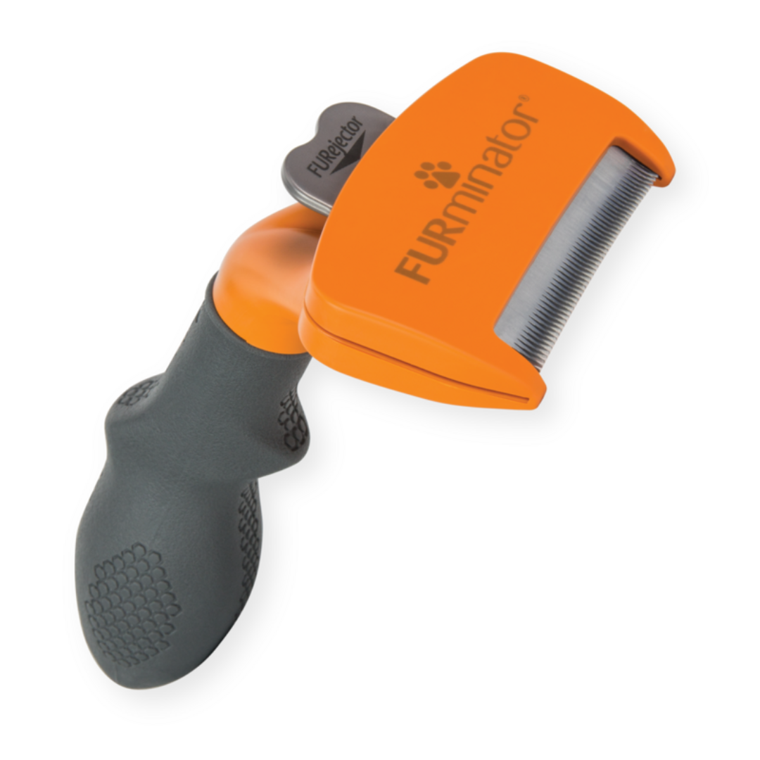 Outil FURminator M anti-mue pour chiens à poils longs, vue en perspective avec manche antidérapant