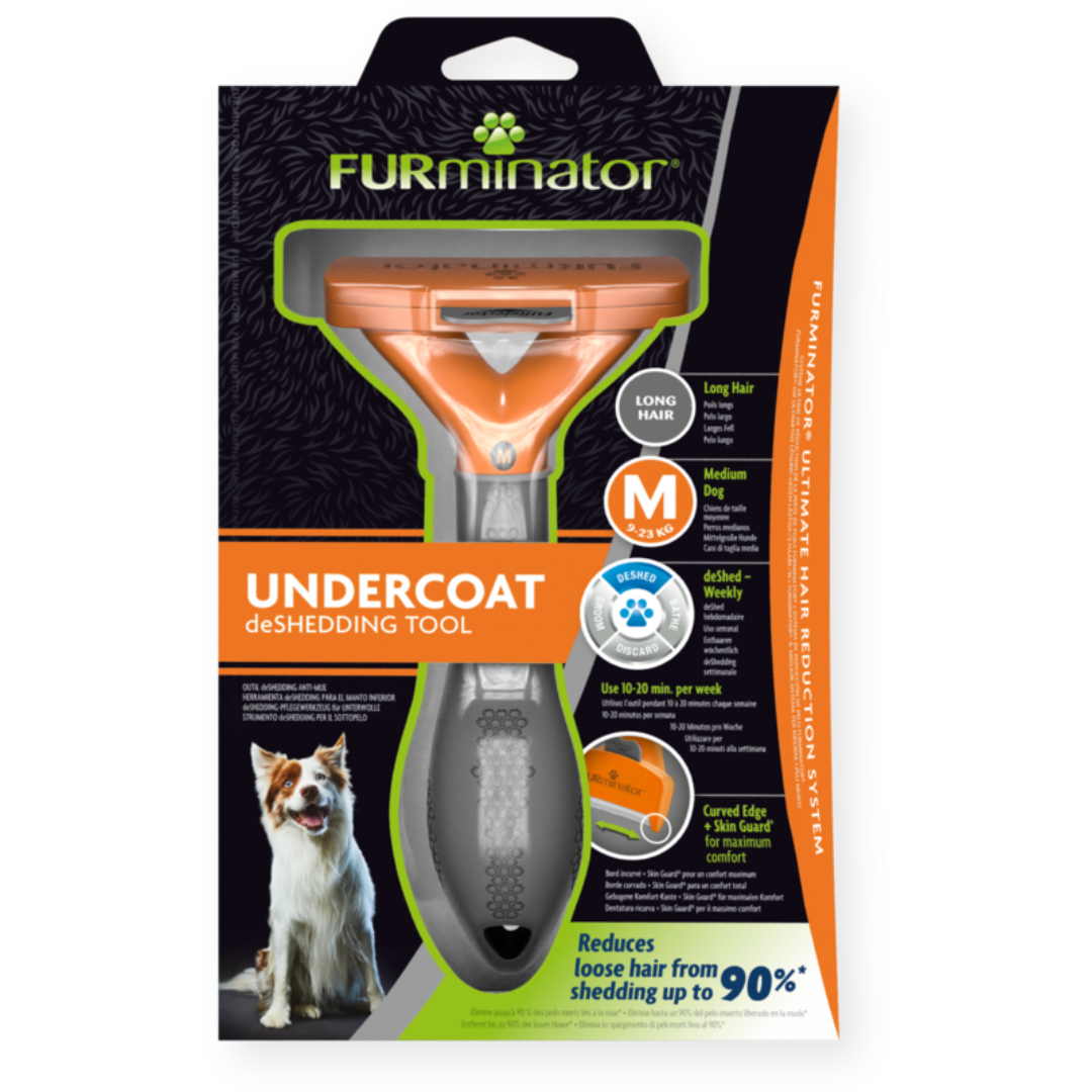 Emballage du FURminator M pour chiens de taille moyenne à poils longs, outil anti-mue réduisant la perte de poils