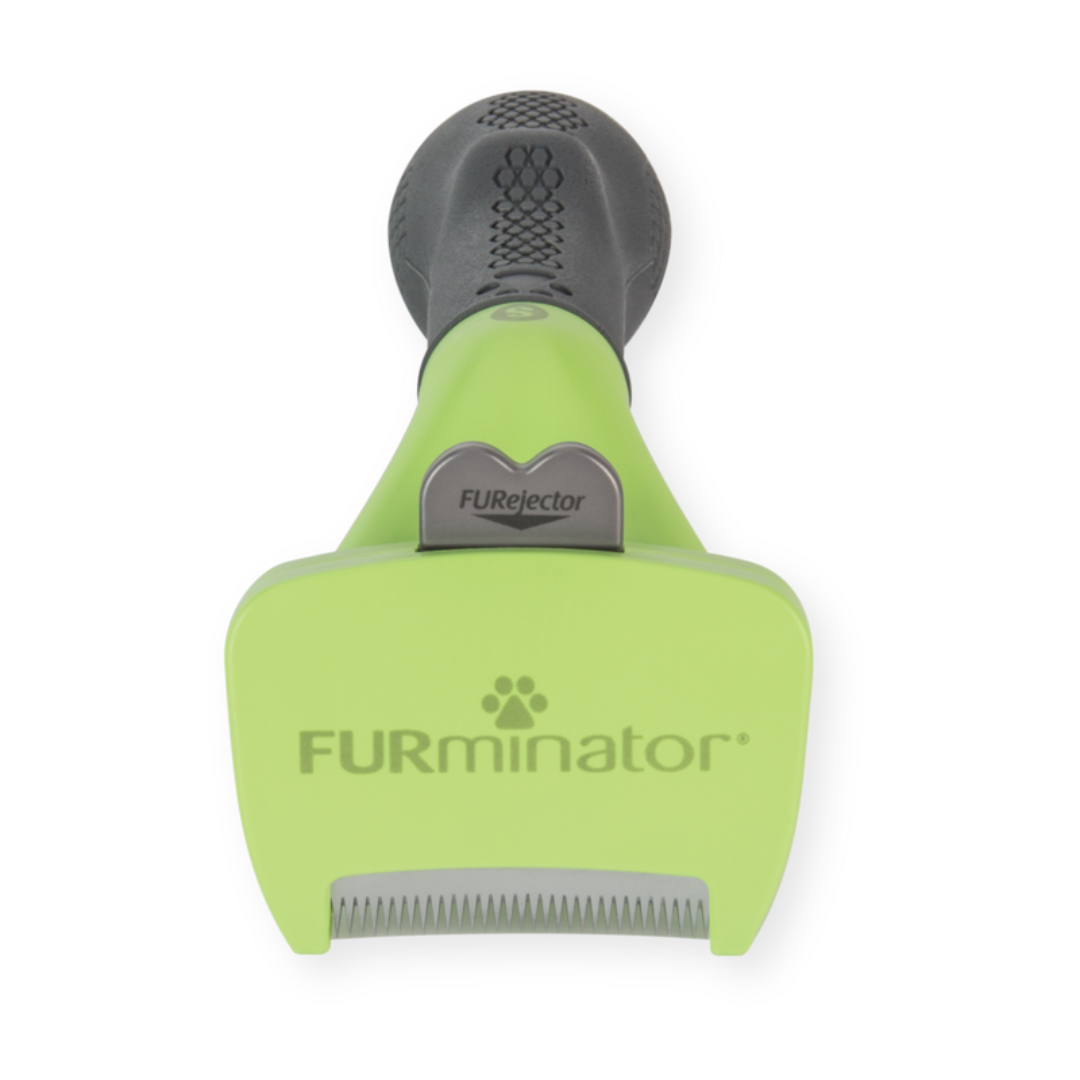 FURminator S pour chiens à poils longs, vue de face avec bouton FURejector et lame anti-mue visible