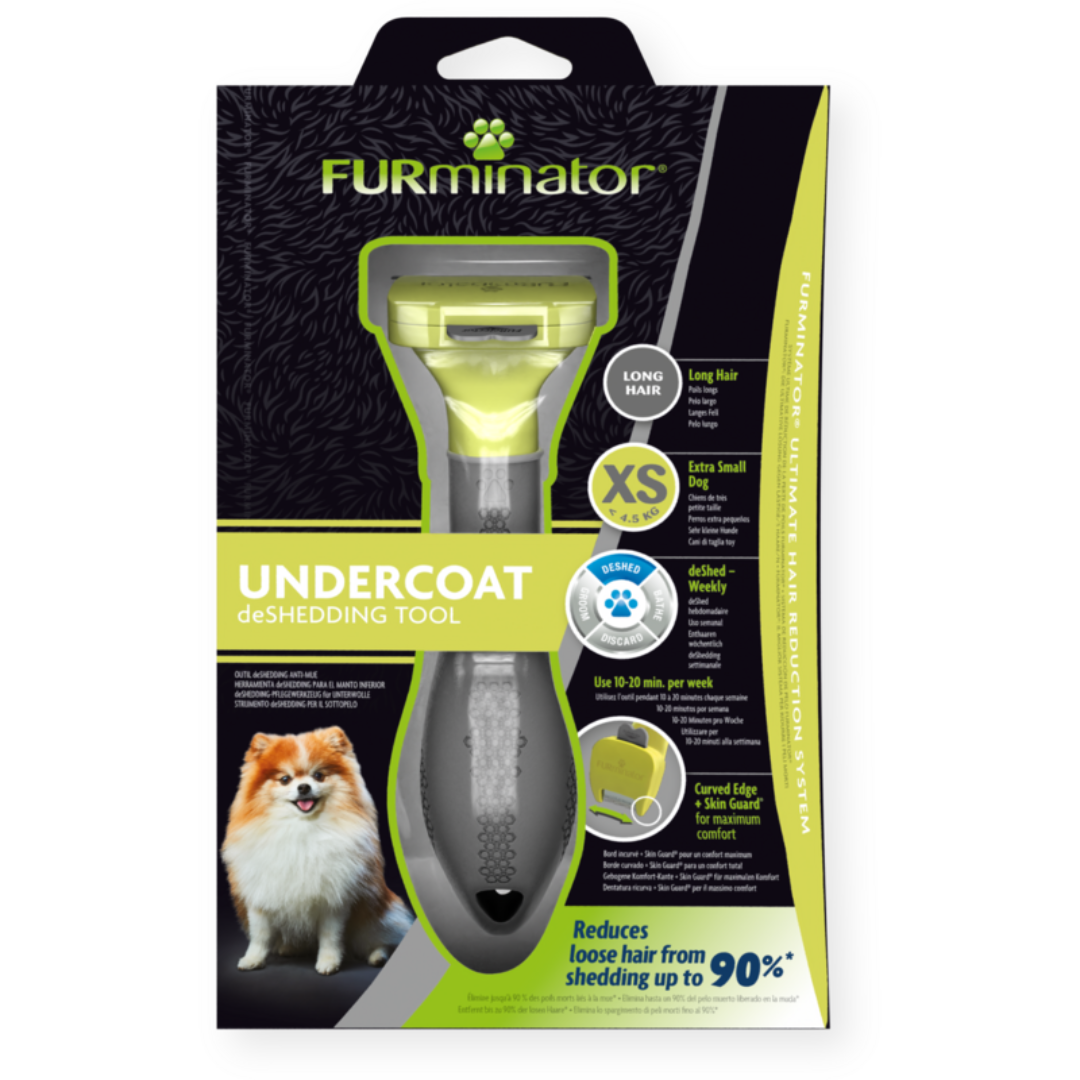 Emballage du FURminator XS pour chiens de race miniature à poils longs, outil anti-mue réduisant la perte de poils