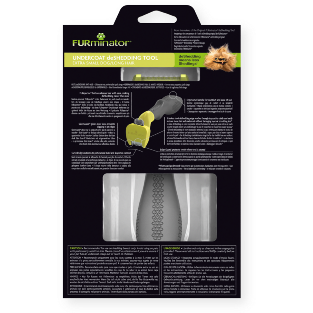 Dos de l’emballage du FURminator XS pour chiens à poils longs, avec instructions et schémas d’utilisation