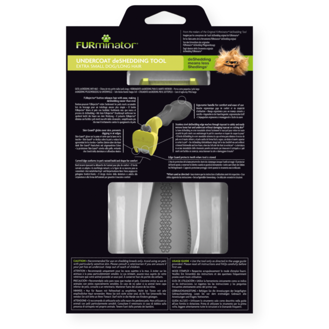 Dos de l’emballage du FURminator XS pour chiens à poils longs, avec instructions et schémas d’utilisation