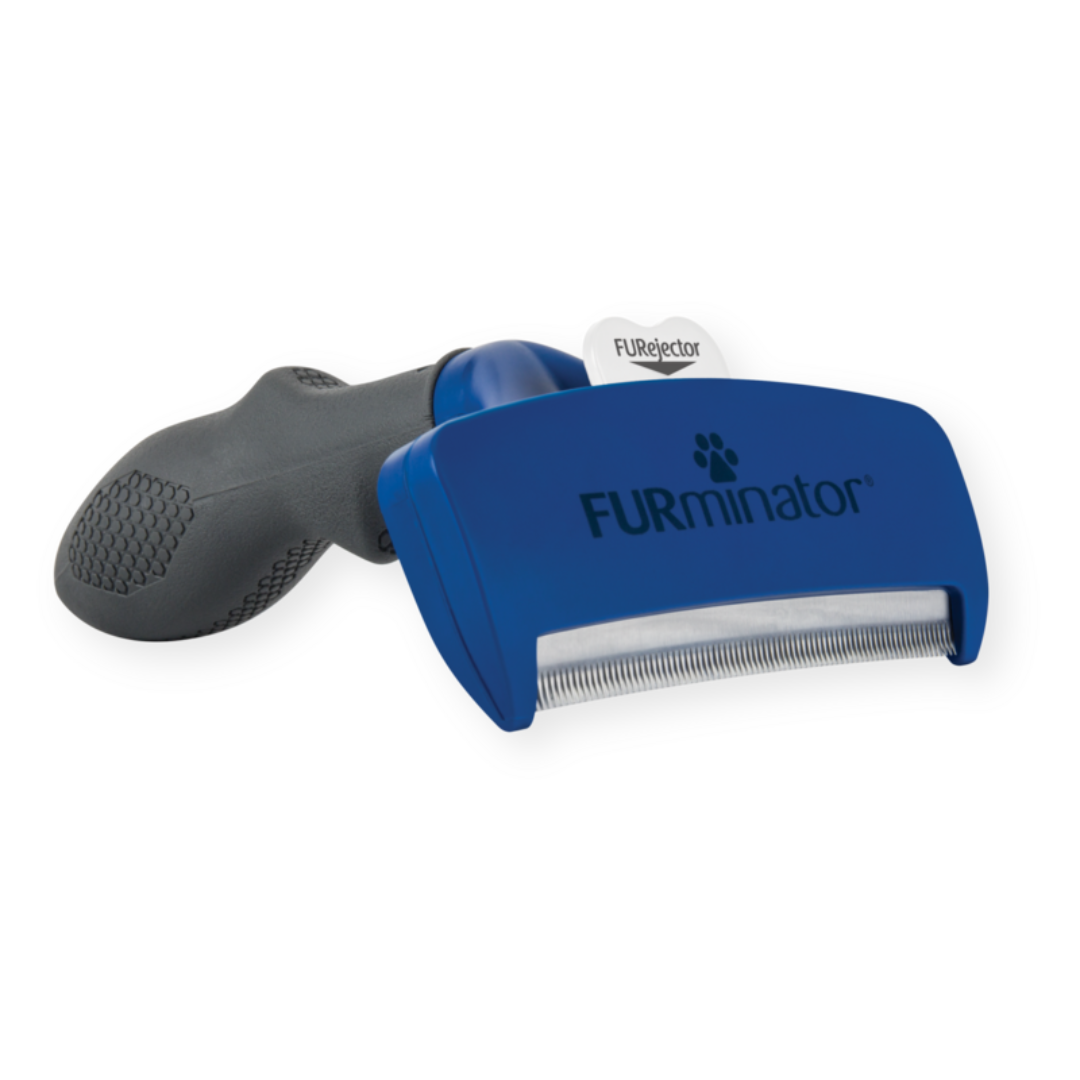 Outil FURminator L poils courts pour chiens de grande taille, vue de côté avec manche ergonomique et lame en acier inoxydable