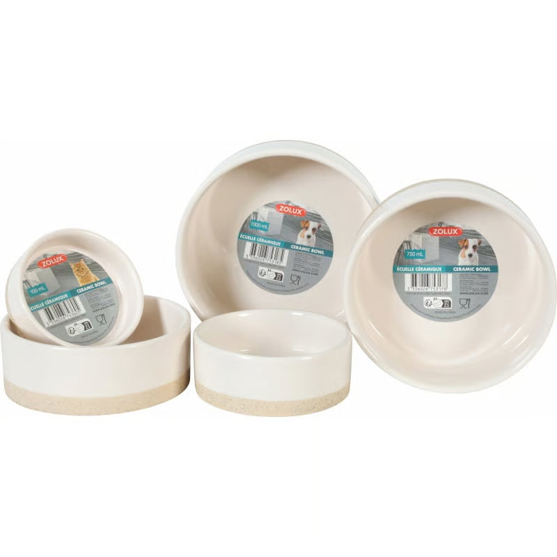 Ensemble de gamelles Olaria en céramique grès, plusieurs tailles disponibles pour chien et chat, design blanc et beige résistant