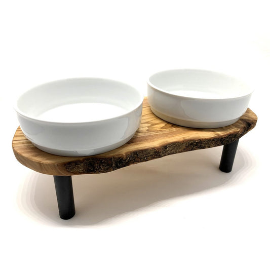 Station d’alimentation RUSTY PLUS – Bois d’olivier surélevé, 2 bols porcelaine 0,9 L
