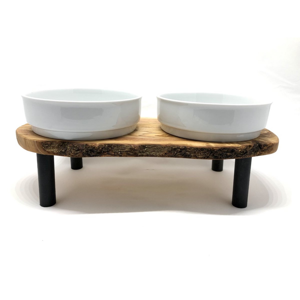 Station d’alimentation RUSTY PLUS – Bois d’olivier surélevé, 2 bols porcelaine 0,9 L