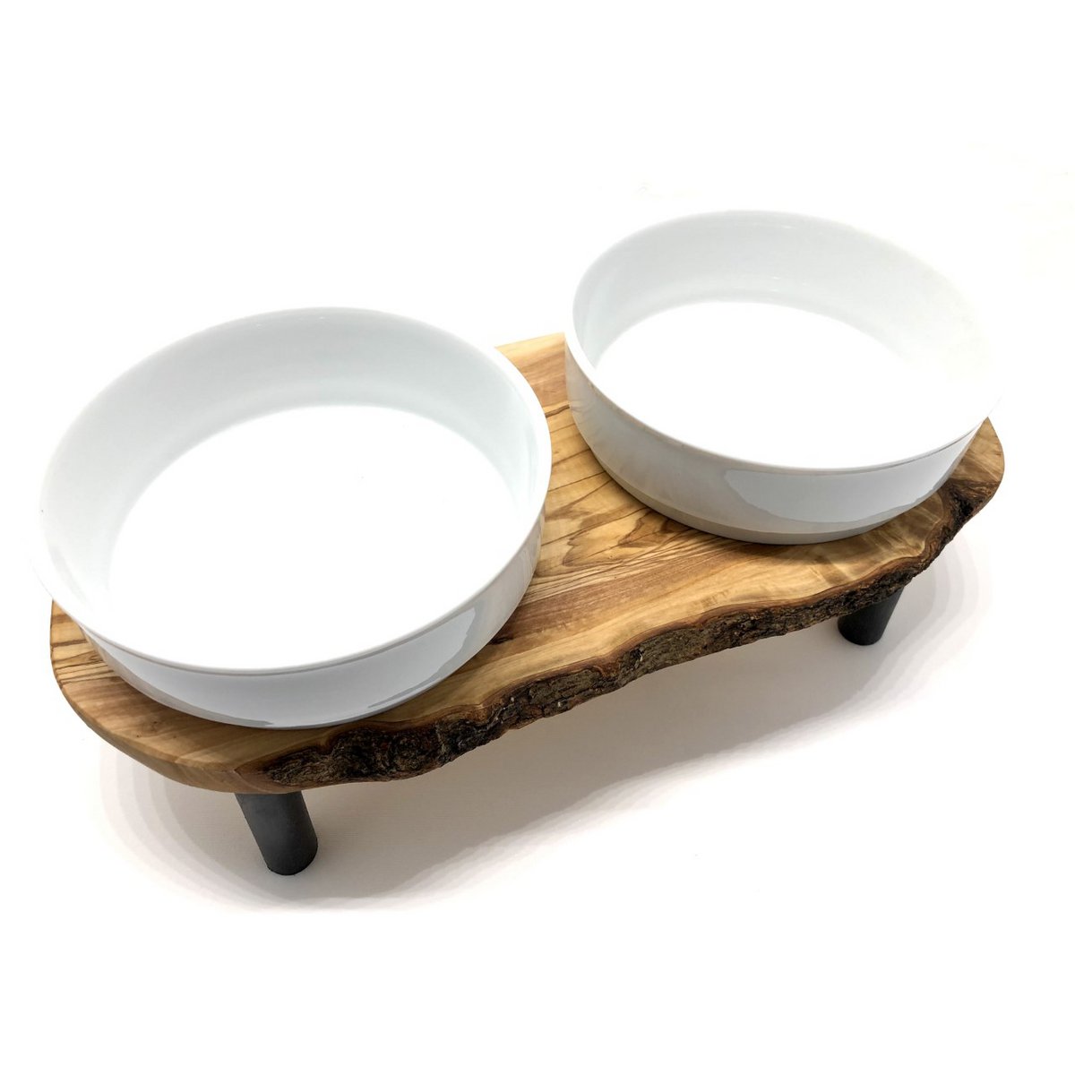 Station d’alimentation RUSTY PLUS – Bois d’olivier surélevé, 2 bols porcelaine 0,9 L