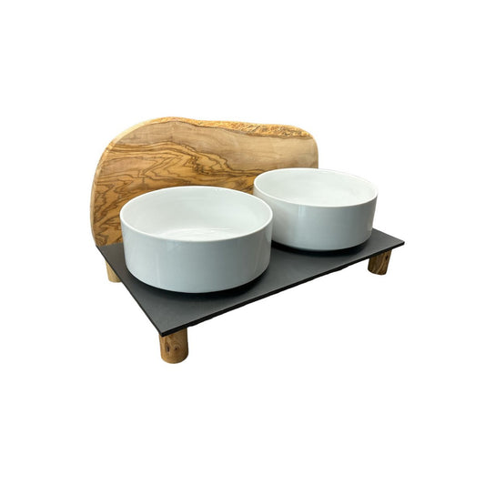 Station d'alimentation MONTAGNE en bois d’olivier – 2 gamelles porcelaine 1,5 L