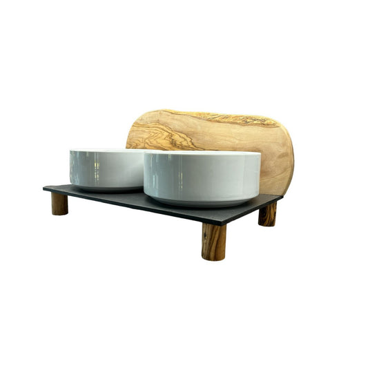 Station d'alimentation MONTAGNE en bois d’olivier – 2 gamelles porcelaine 1,5 L