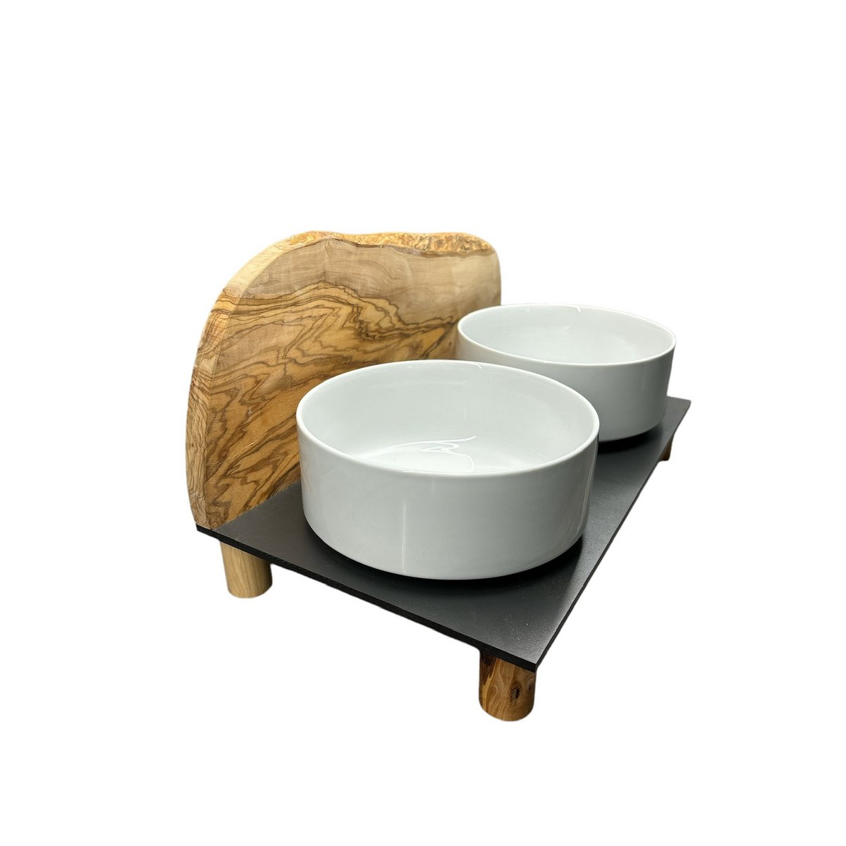 Station d'alimentation MONTAGNE en bois d’olivier – 2 gamelles porcelaine 1,5 L