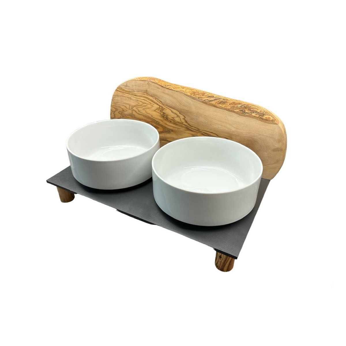 Station d'alimentation MONTAGNE en bois d’olivier – 2 gamelles porcelaine 1,5 L