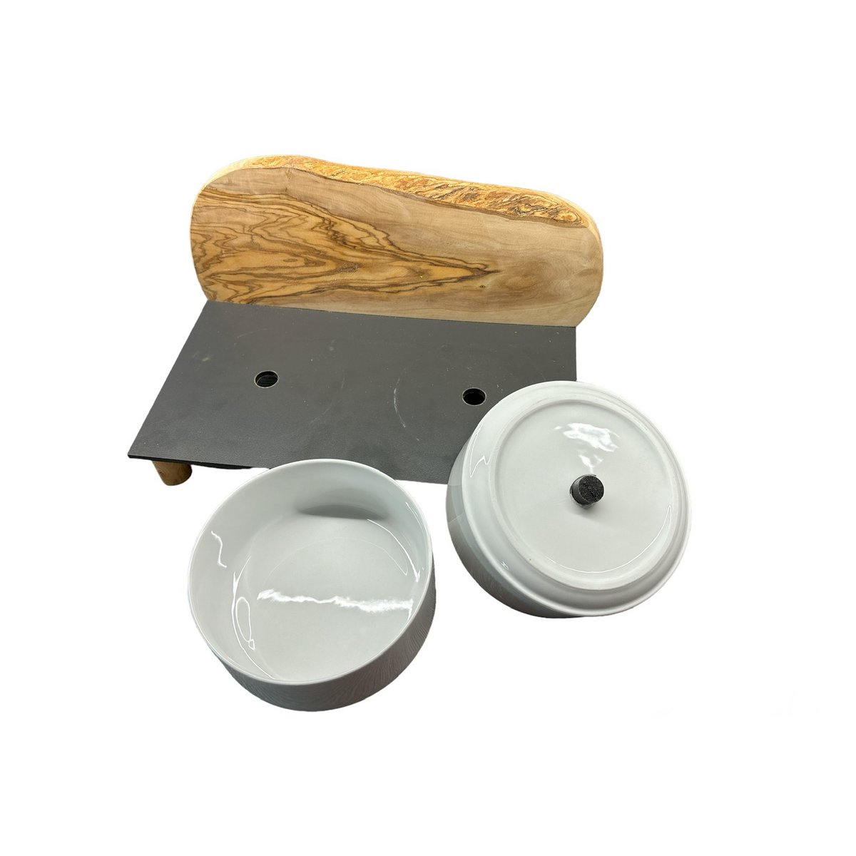 Station d'alimentation MONTAGNE en bois d’olivier – 2 gamelles porcelaine 1,5 L