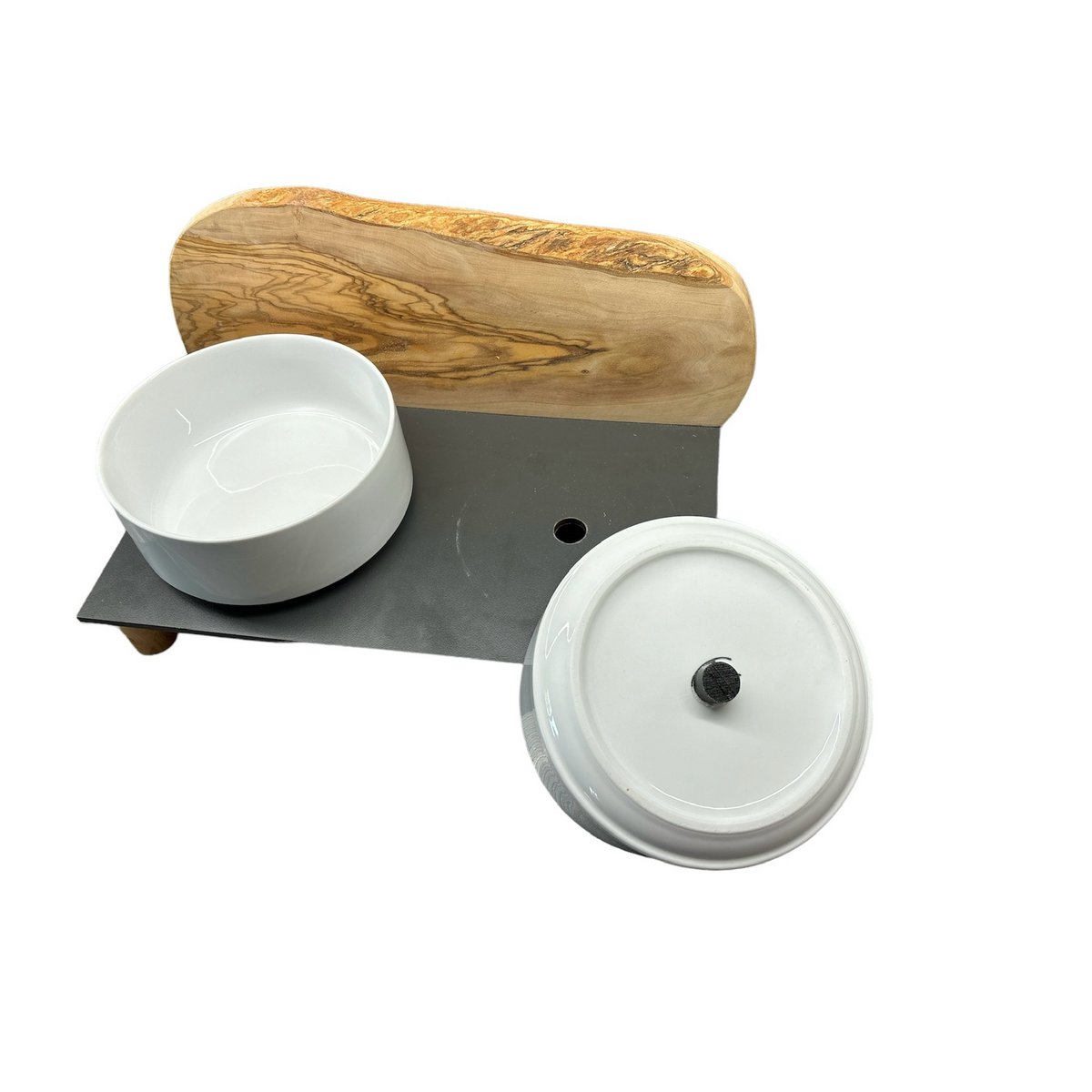 Station d'alimentation MONTAGNE en bois d’olivier – 2 gamelles porcelaine 1,5 L