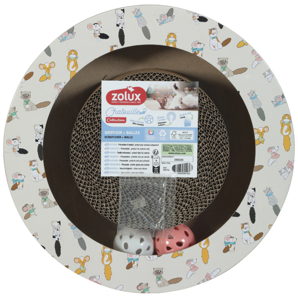 Griffoir rond avec balles en carton pour chat – 30 cm
