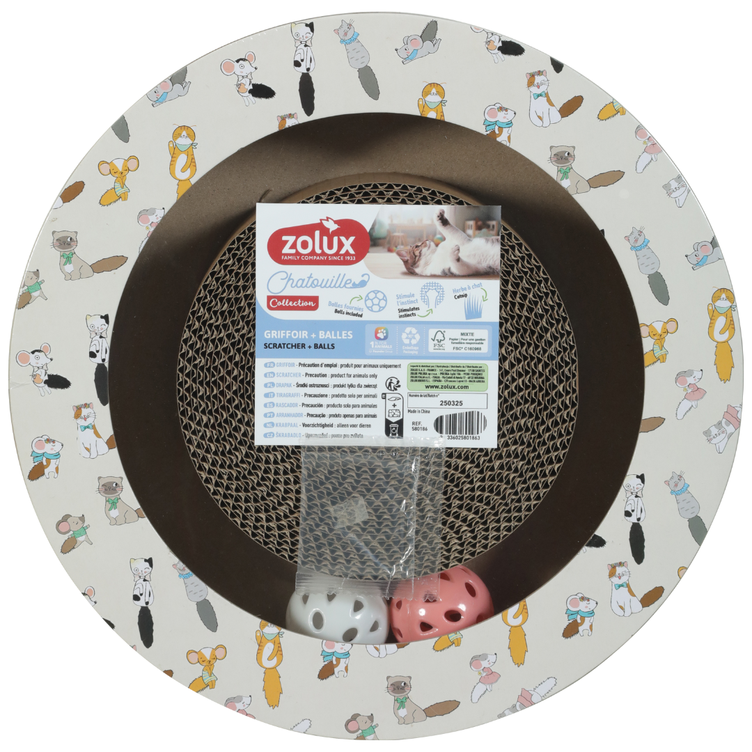 Griffoir rond avec balles en carton pour chat – 30 cm