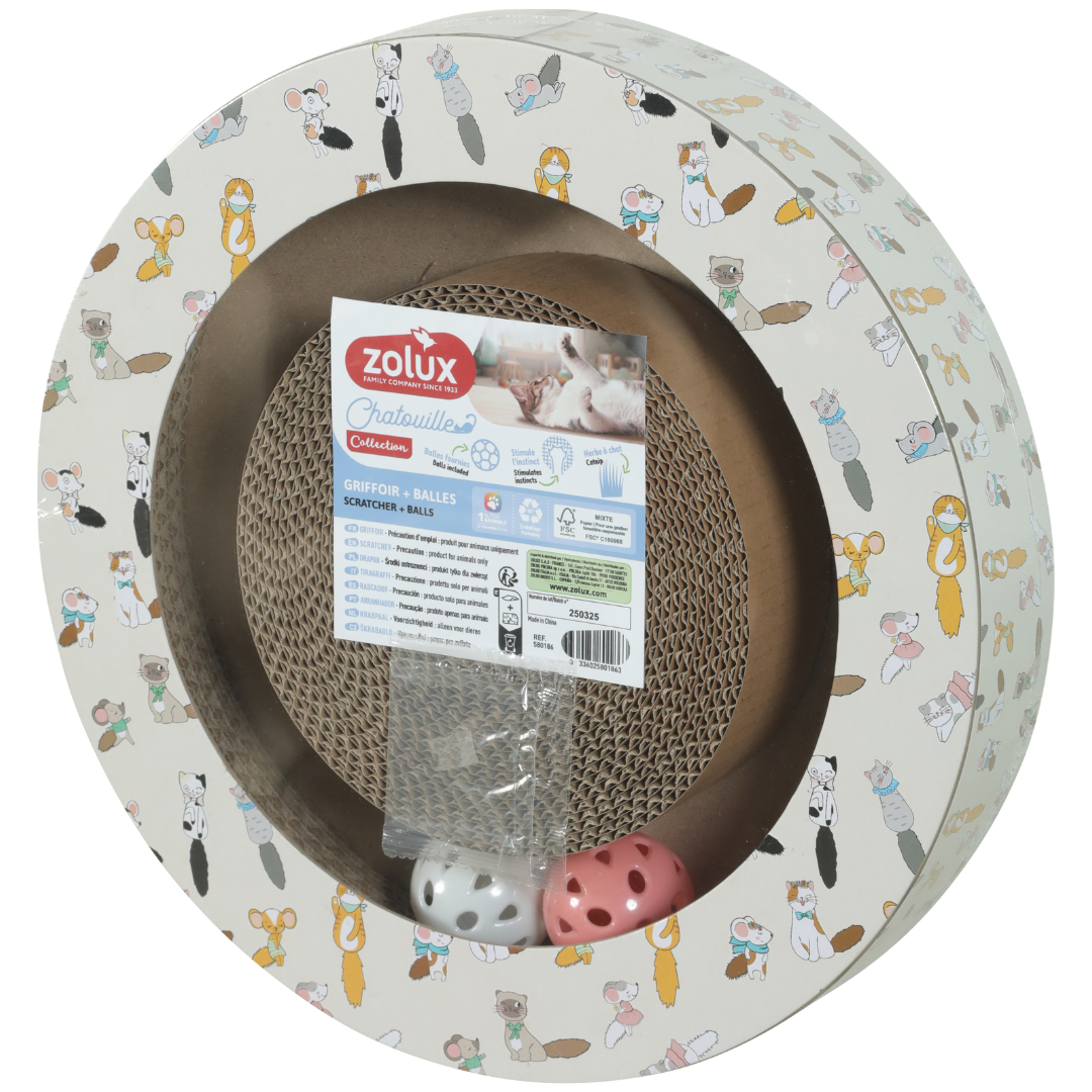 Griffoir rond avec balles en carton pour chat – 30 cm