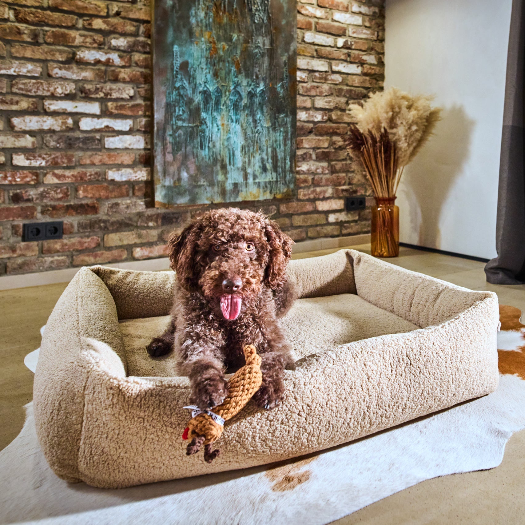 Chien couché dans un panier beige tenant le jouet en corde Rudi le Renne Laboni.