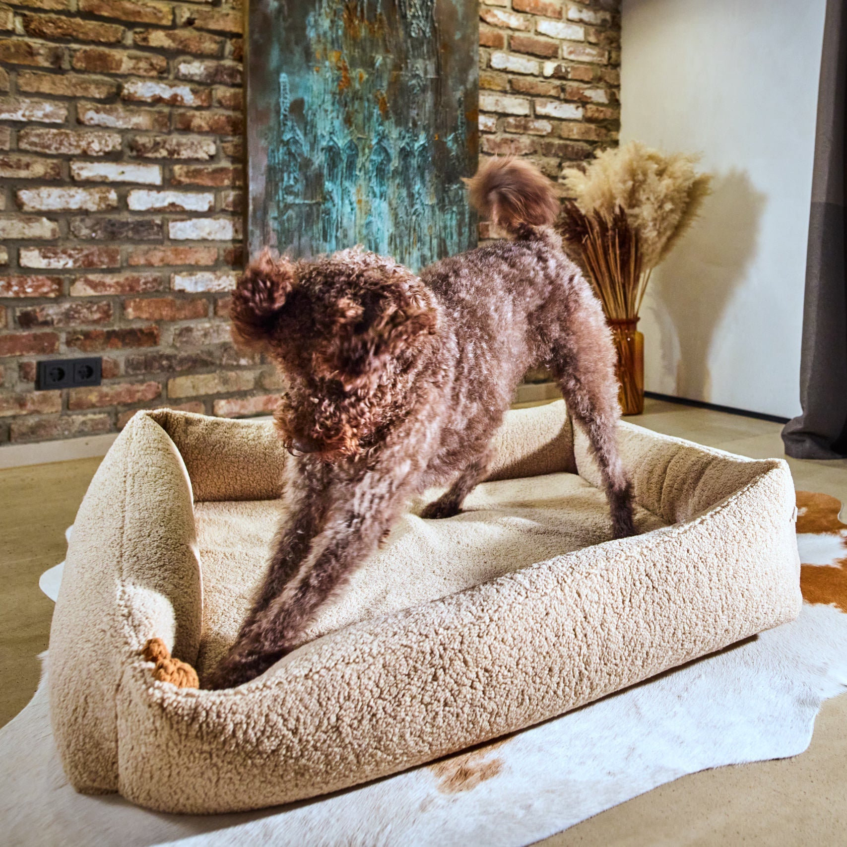 Chien joueur debout dans un panier beige, mâchant le jouet Rudi le Renne Laboni.