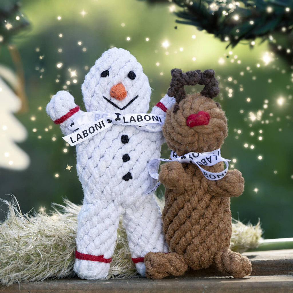Jouets en corde Laboni posés ensemble : Rudi le Renne et Shawn le Bonhomme de Neige, sur fond hivernal lumineux.