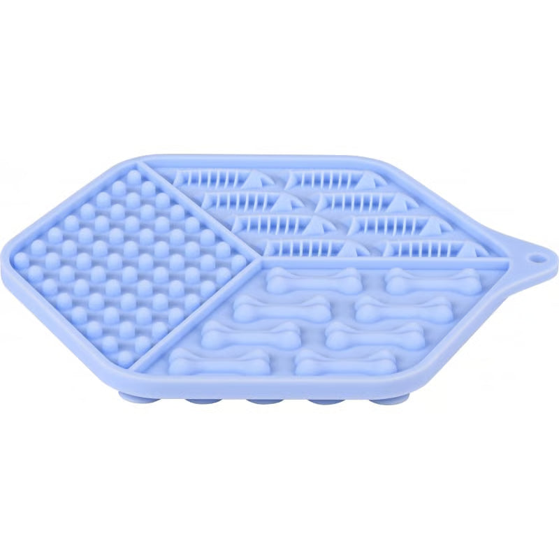 Tapis de léchage bleu en silicone pour chien et chat, avec ventouses et zones texturées pour ralentir l’ingestion et réduire le stress