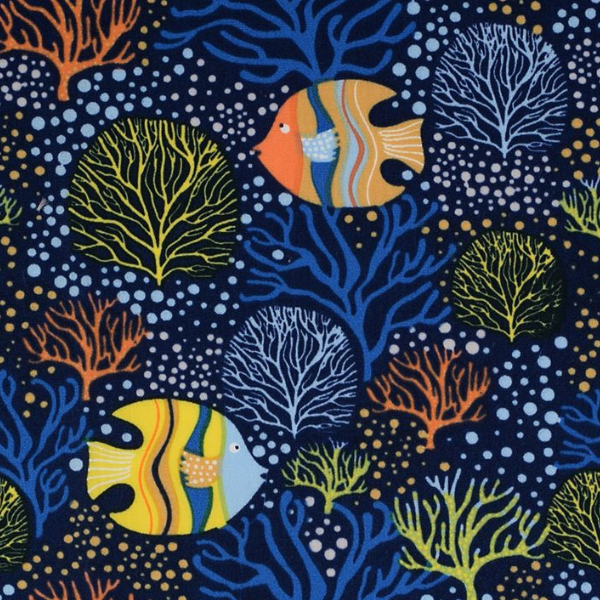 Tissu marin bleu foncé avec coraux colorés et poissons tropicaux