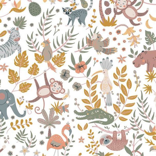 Tissu motif animaux avec singes, oiseaux et feuillage tropical sur fond clair