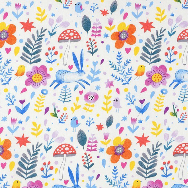 Tissu forêt avec champignons, fleurs colorées et feuillage sur fond blanc
