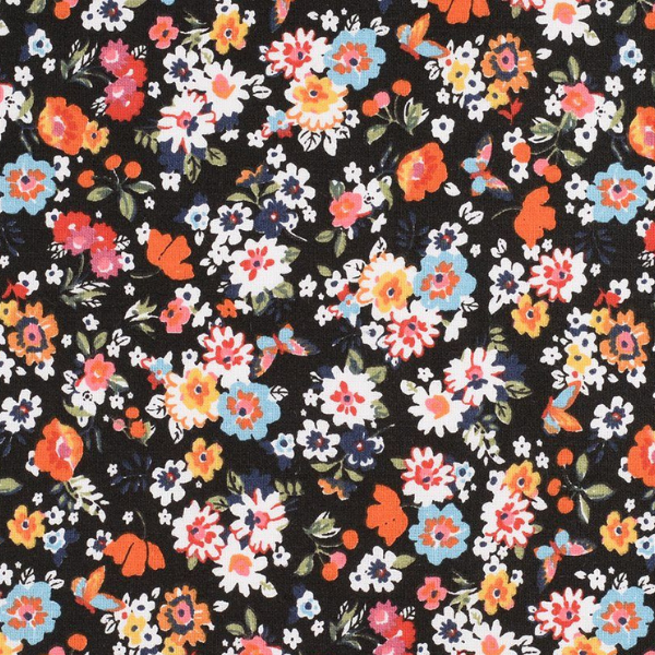 Tissu floral noir avec motifs de fleurs blanches, rouges et orangées