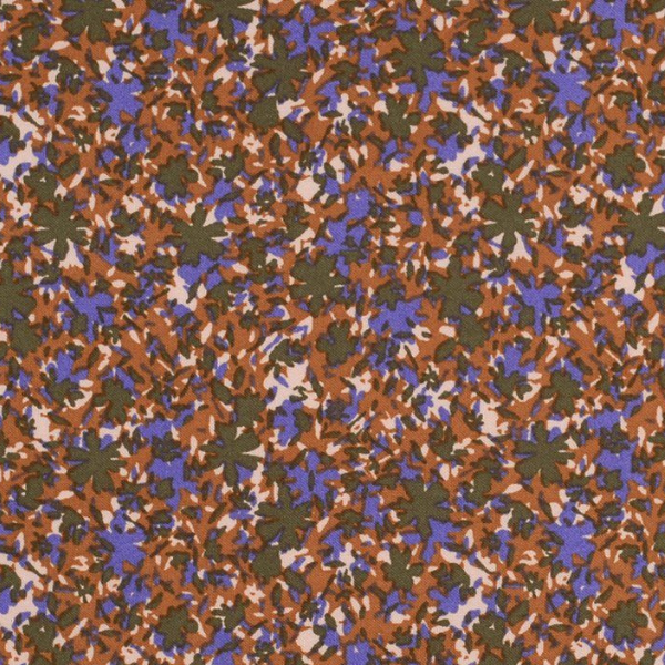 Tissu motif feuillage dense en bleu, orange et brun style camouflage