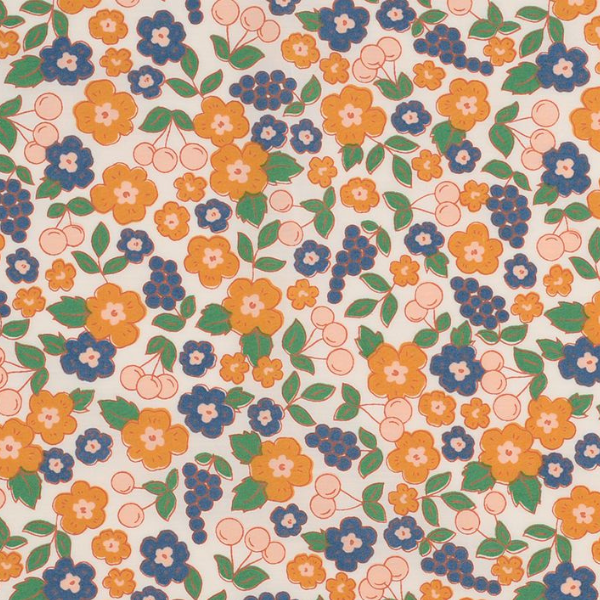 Tissu floral avec fleurs orange et bleues, cerises et feuilles vertes