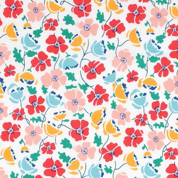 Tissu motif coquelicots rouges avec feuilles vertes et fleurs roses