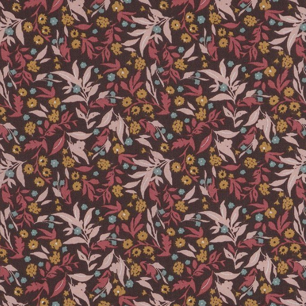 Tissu motif feuillage automnal en marron, vert et rose