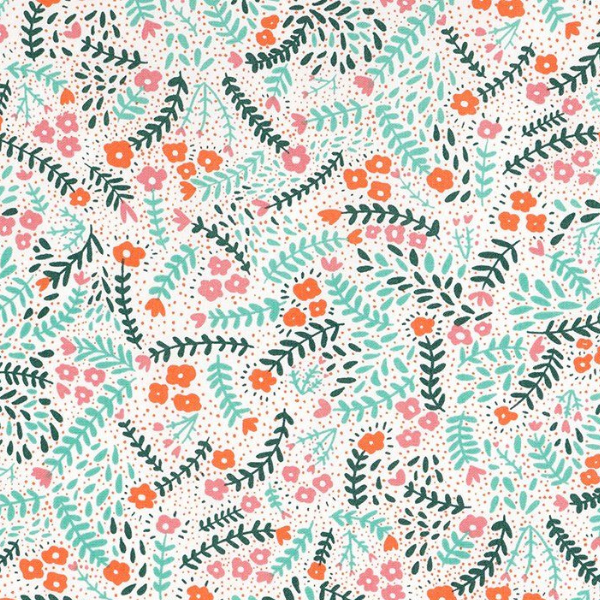 Tissu fleuri avec petites fleurs colorées et feuillage vert sur fond clair