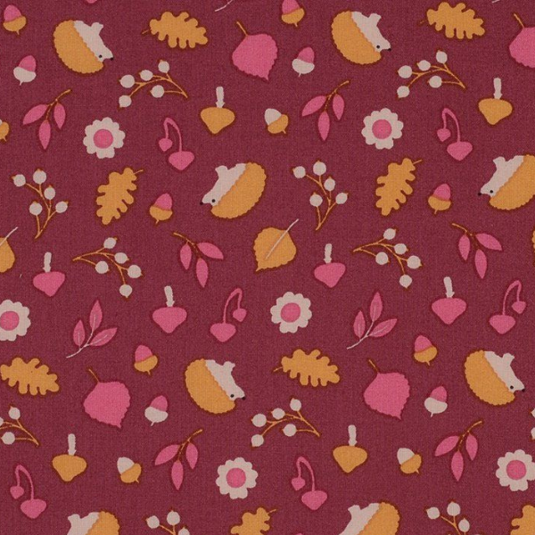 Tissu rouge bordeaux avec motifs hérissons et feuillage doré