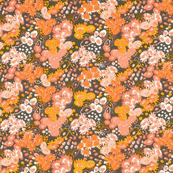 Tissu kaki avec motifs de fleurs orange et blanches