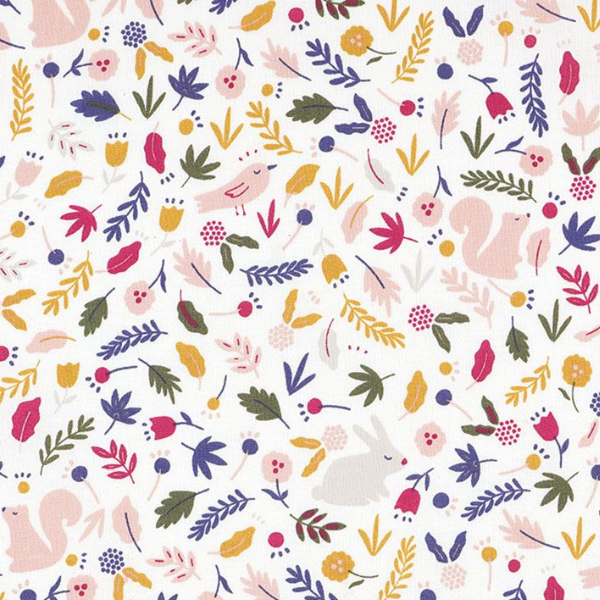 Tissu motif lapins et feuillage coloré sur fond blanc