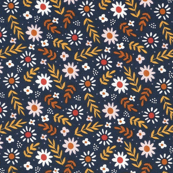 Tissu bleu marine avec marguerites blanches et feuillage orange