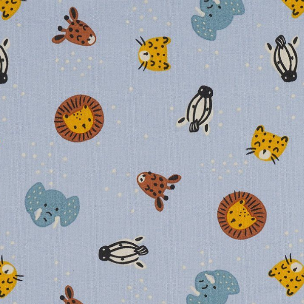 Tissu bleu clair avec animaux de safari – lions, girafes et zèbres