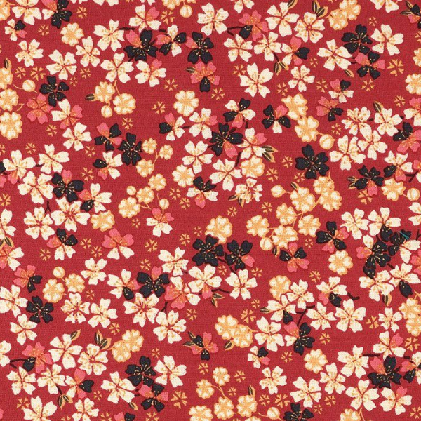 Tissu rouge avec fleurs de cerisier blanches style japonais