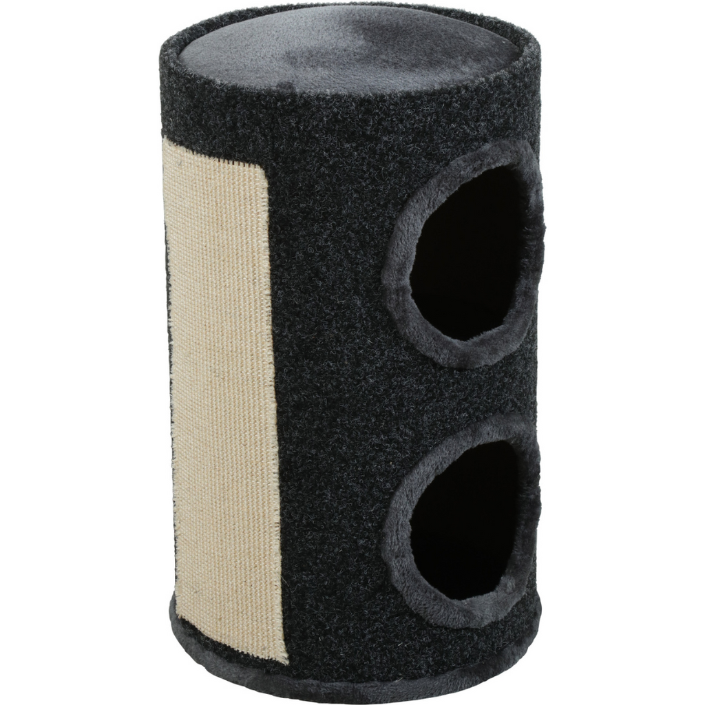 Tour griffoir cylindrique gris pour chat – vue de côté avec panneau grattoir