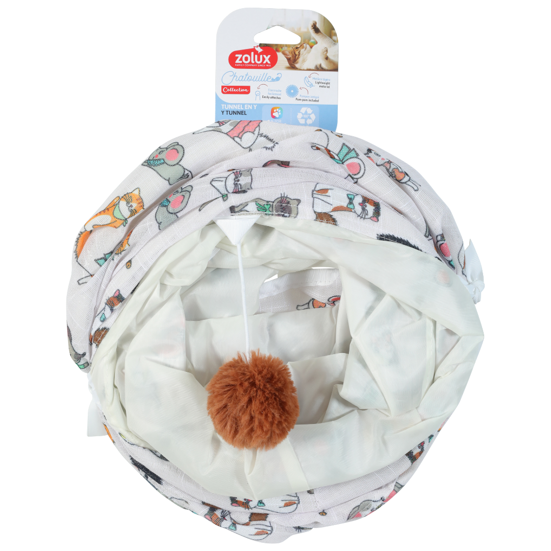 Tunnel Y Chatouille Zolux pour chat – vue de devant avec balle suspendue