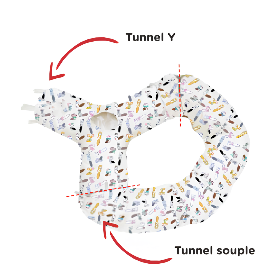 Tunnel Y et tunnel souple Zolux Chatouille pour chat – modules connectés en tissu léger avec motifs colorés.