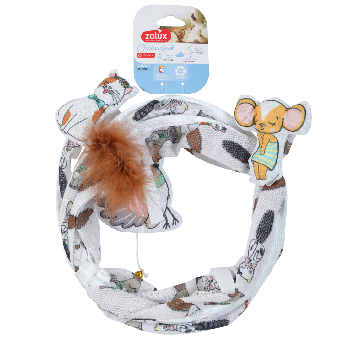 Tunnel ouvert Chatouille Zolux pour chat – 70 cm avec jouet plume intégré.
