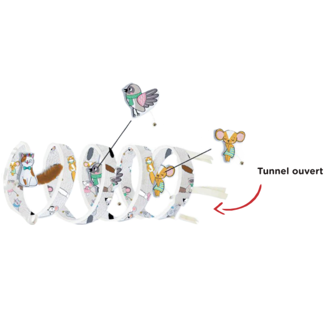 Tunnel ouvert Chatouille Zolux pour chat – modèle en tissu léger avec jouets suspendus (oiseau et souris) intégrés.