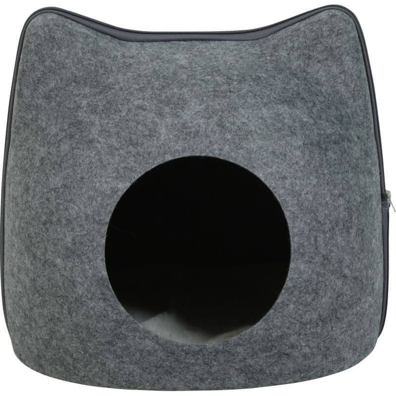 Dôme Moon anthracite en forme de tête de chat avec large entrée ronde et coussin doux amovible pour chats