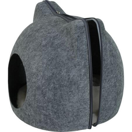 Dôme Moon anthracite en forme de tête de chat avec large entrée ronde et coussin doux amovible pour chats, ouvert sur le coté 